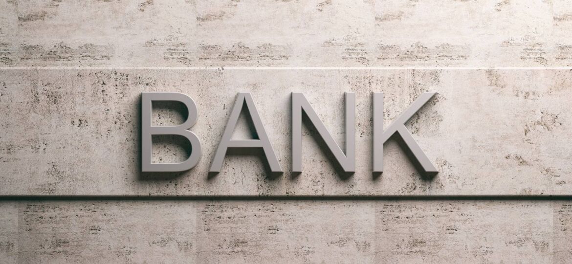 Bank sign on marble background. 3d illustration